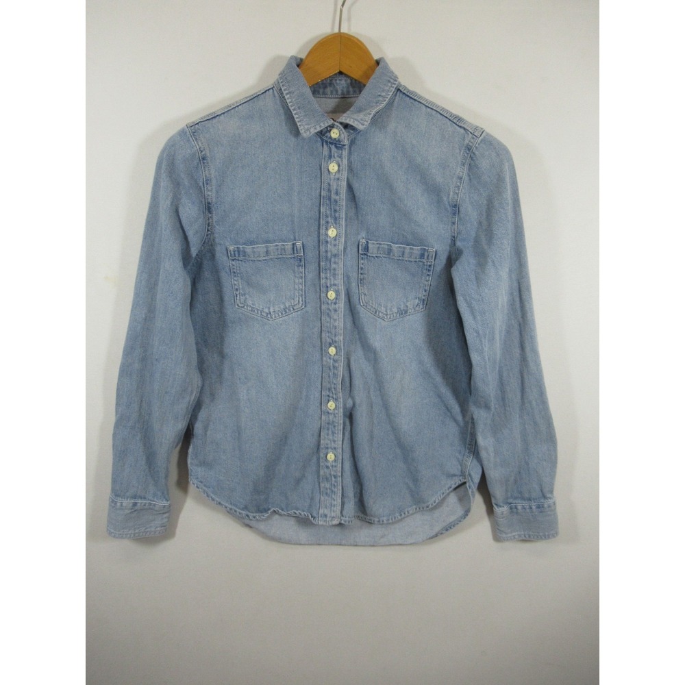 Quince Distressed Denim Shirt Women Small Blue Long Sleeve